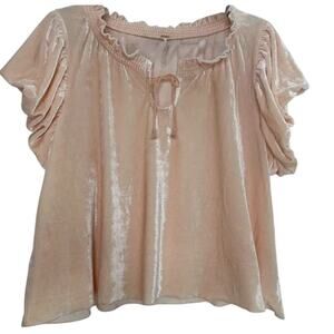 Free People Pink/Peach Terese, Velvet, Split Neck, Ruffled/Puff Sleeve Top- M
